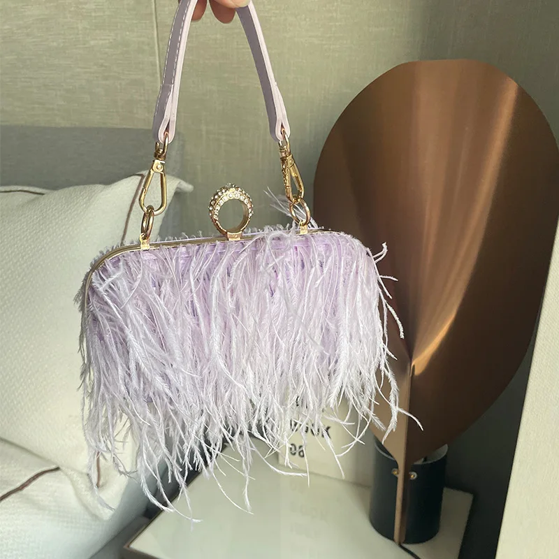 Ostrich Feather Evening Bags for Women Chain Shoulder Crossbody Bag Tassel Party Clutch Purse Luxury Wedding Brides Handbags