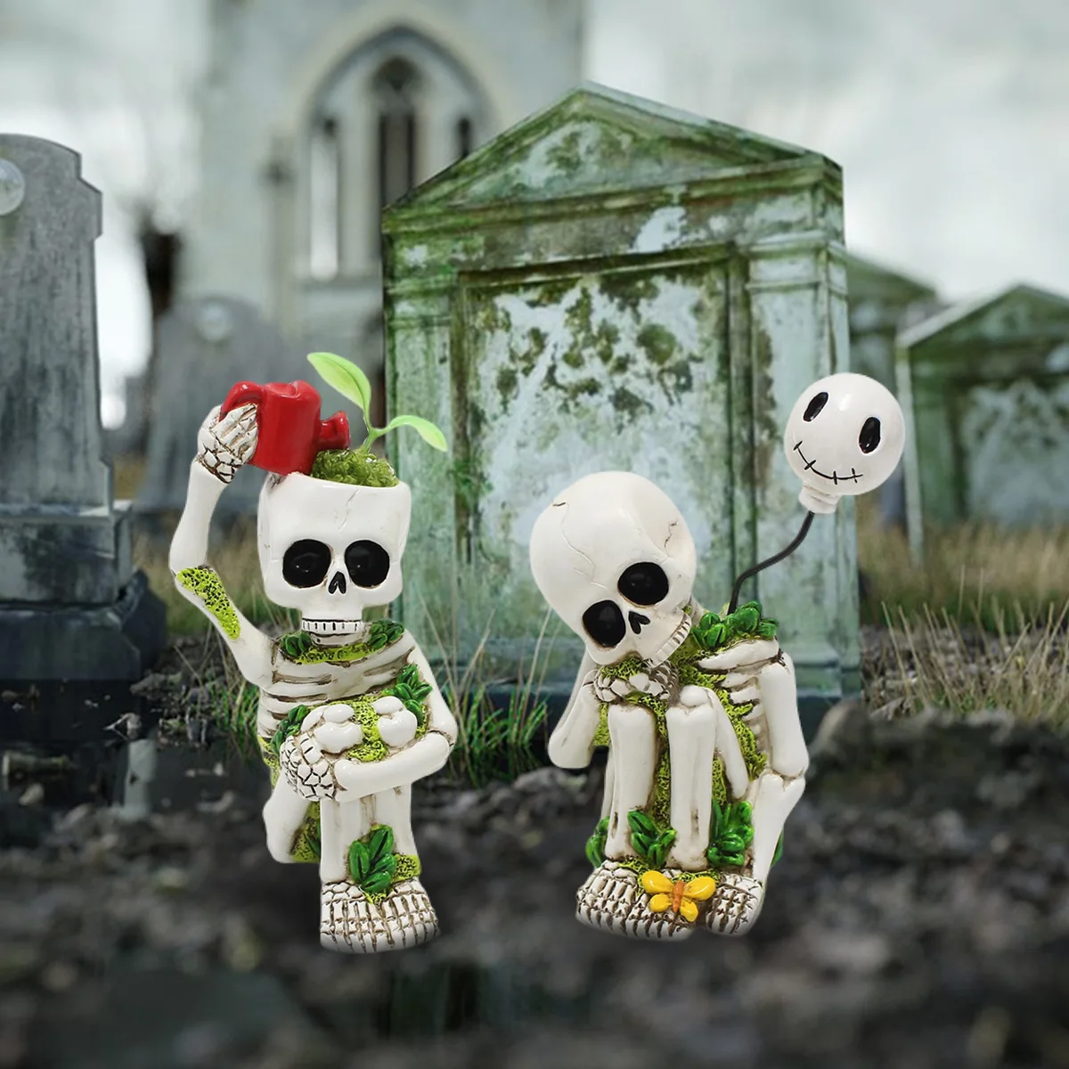 

‌Creepy Halloween Skeleton Display - Weatherproof Resin Skull Planters with Grave Mist Effect, Spooky Lawn Decor
