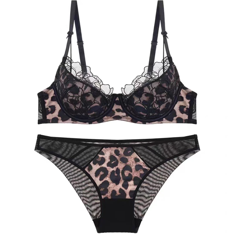 Lencería de encaje con estampado de leopardo, push-up con aro suave, copa fina, minimizadora, adelgazante, anticaída para mujer, lencería cómoda