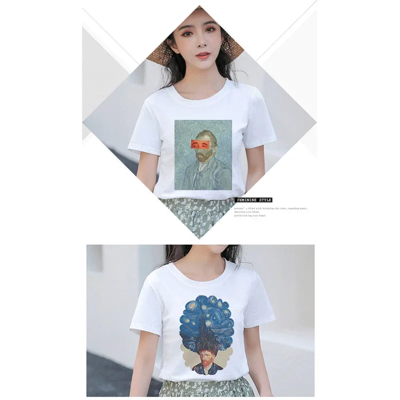 Summer New 2019 Harajuku Vintage Tshirt Van Gogh Van Goghing Van Gone Meme Funny Aesthetics T Shirt Cute Print Women Tops