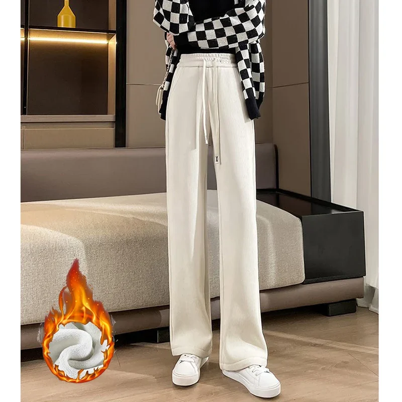 Lady Daily High Waist Plush Slacks Girls Solid Color Baggy Thin Pants Women Snow Warm Velvet Straight Leg Trousers