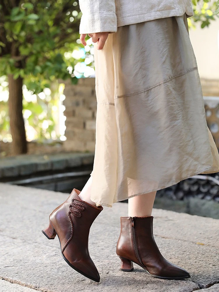 Birkuir Retro Pointed Toe Short Boots For Women Female Side Zip High Top Shoes Genuine Leather Luxury Soft Sewing Chelsea Boots image 4