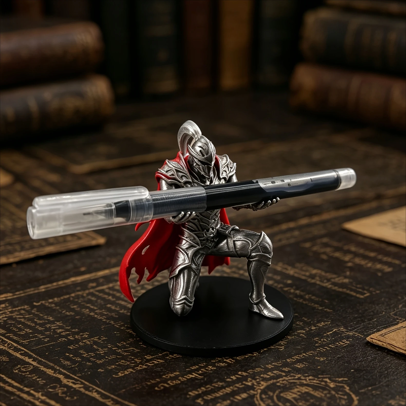 3D Printed Kneeling Knight Pen Holder Dark Fantasy Medieval Warrior Statue Desktop Organizer Plastic Stand Home Office Decor