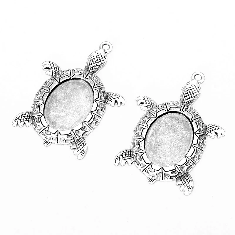 REGELIN 10pcs tortoise Antique Silver filigree cameo cabochon pendant setting 18*25mm dia Cabochon Base For DIY Jewelry Making