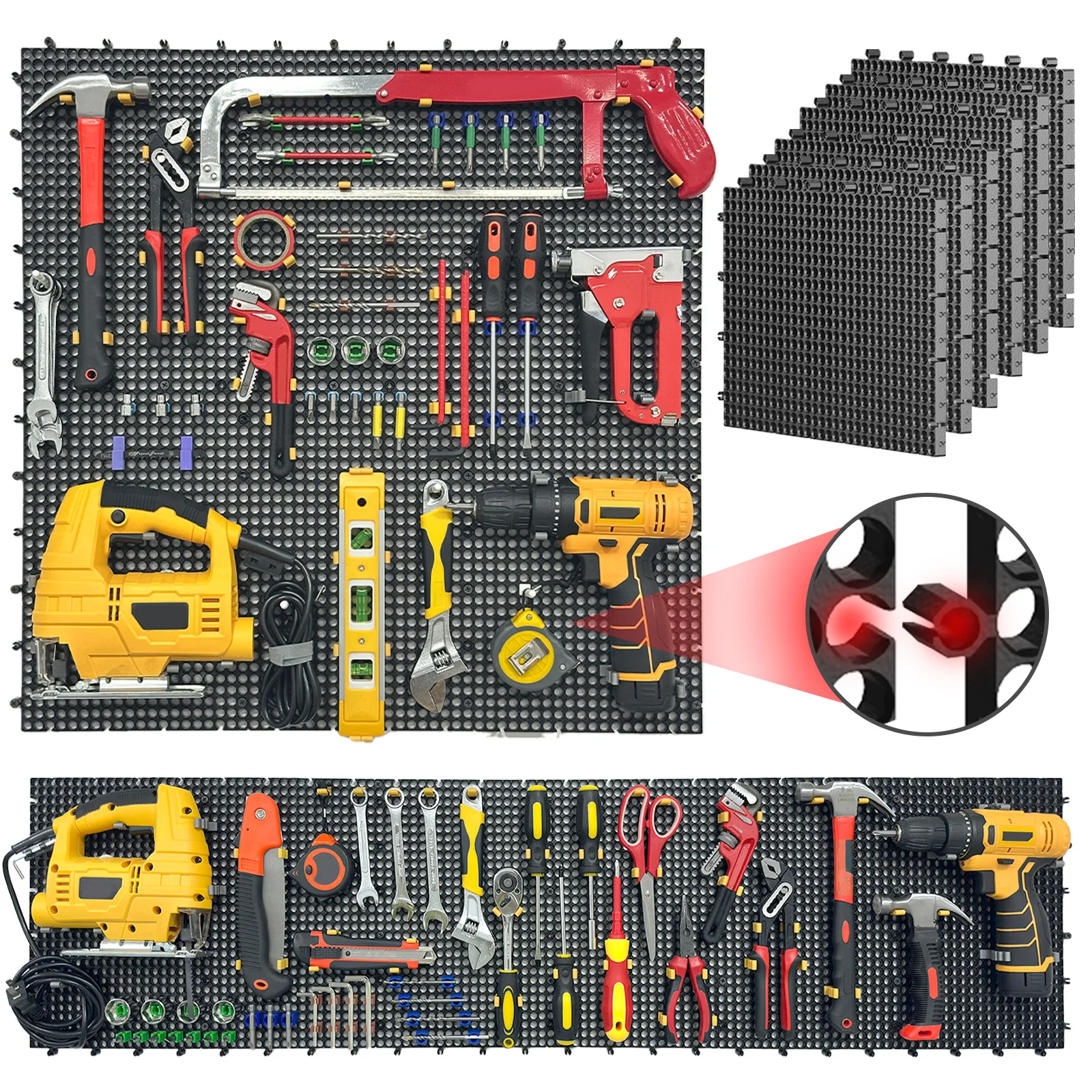 Plastic Pegboard wall storage kit, 6panels black 40 x 91cm, 200 accessories, hooks, clips, and boxes, modular tool storage board