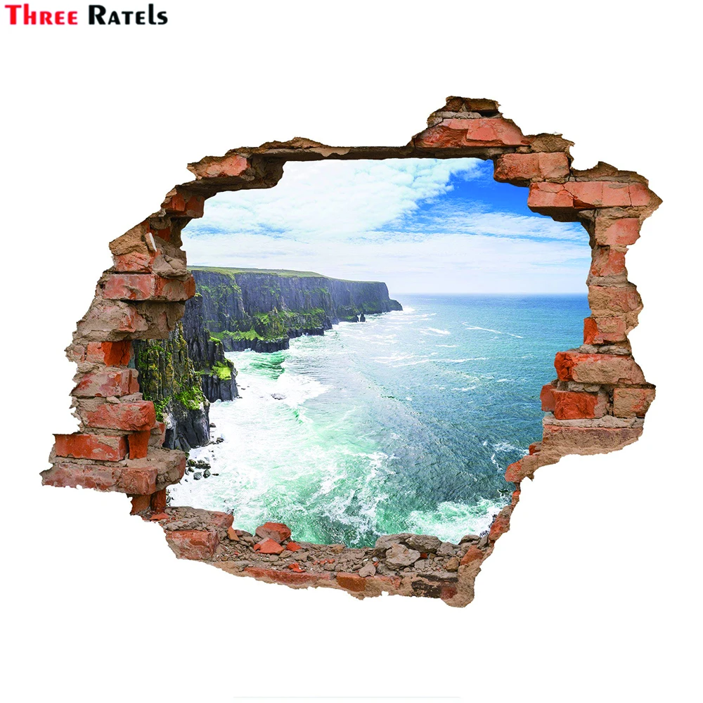 Three Ratels WF120 pegatinas de mar de pared rota 3D papel tapiz autoadhesivo pegatinas y póster para decoración del hogar