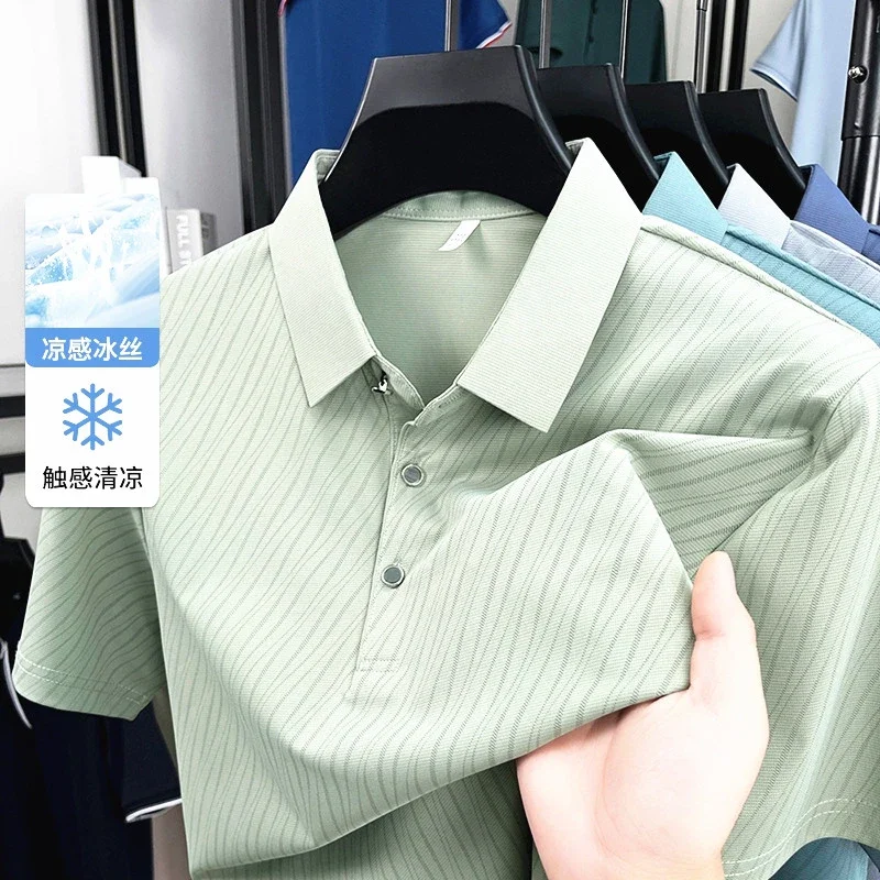 Men's Fashion Ice Silk Polo Shirt Cool Touch Fabric With Diagonal Line Print Short Sleeve For Business