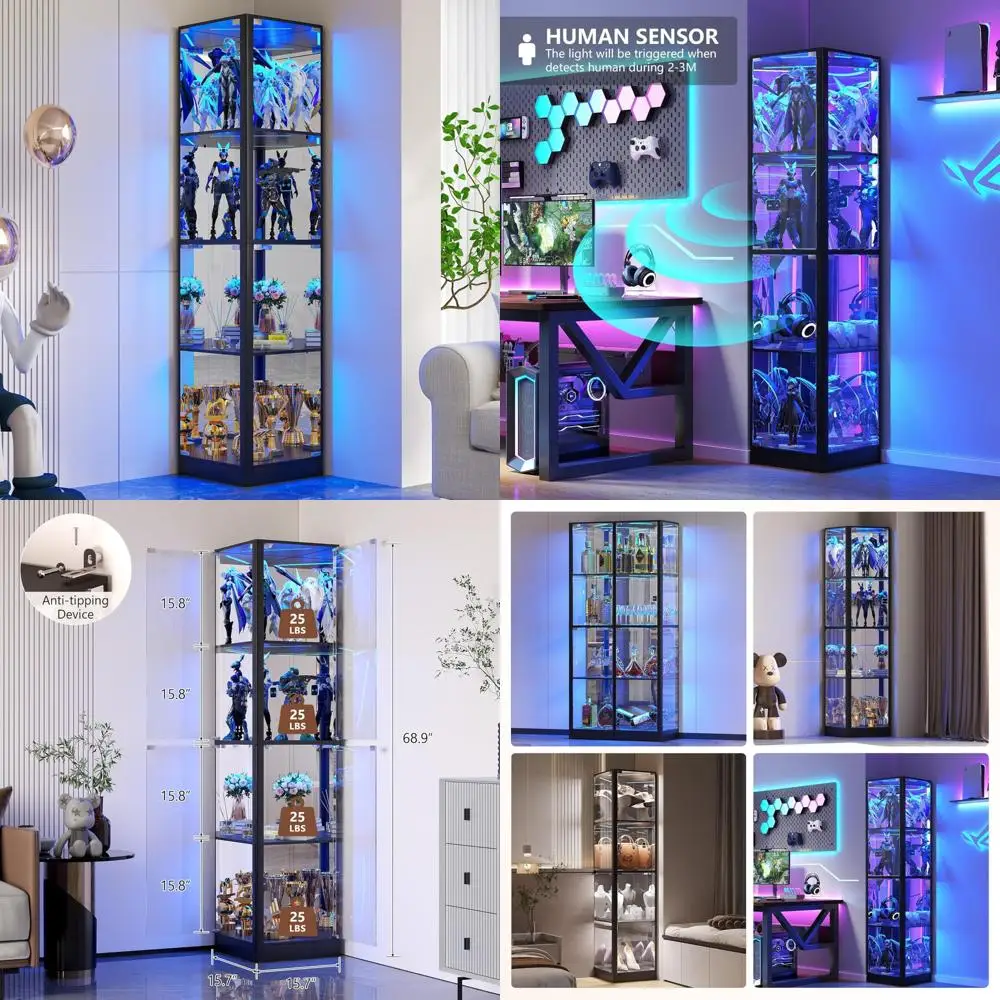 

Illuminated Glass Door Display Cabinet, 68 Corner Curio Cabinet with 4-Tier Glass Shelves for Collectibles, Toys, and Books