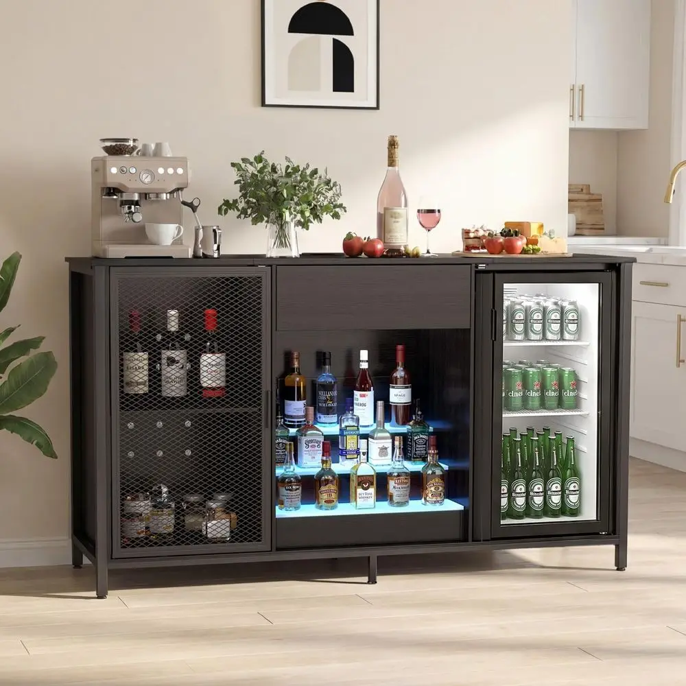 71 Ridge Space Wood & Metal Coffee Bar Cabinet with Power Outlet, LED Lights, and Wine Rack for Kitchen, Dining Area