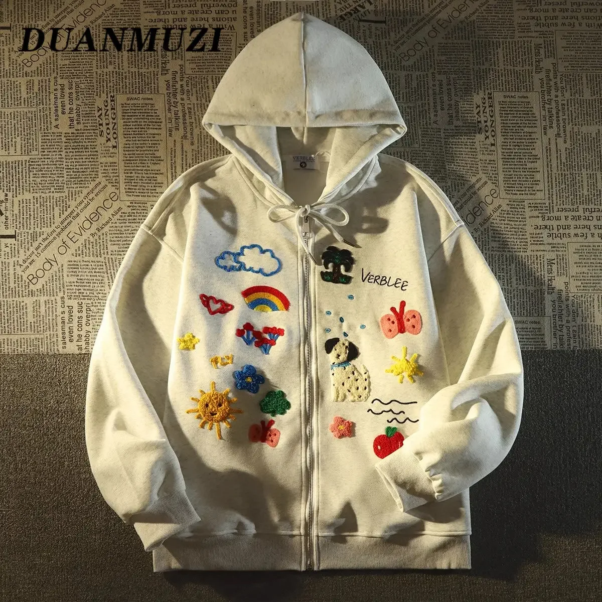 High Quality Chic Cartoon Embroidery Hoodies Jacket Japanese College Teenage Kawaii Y2K Sweatshirt Coats Zipper Loose Oversized