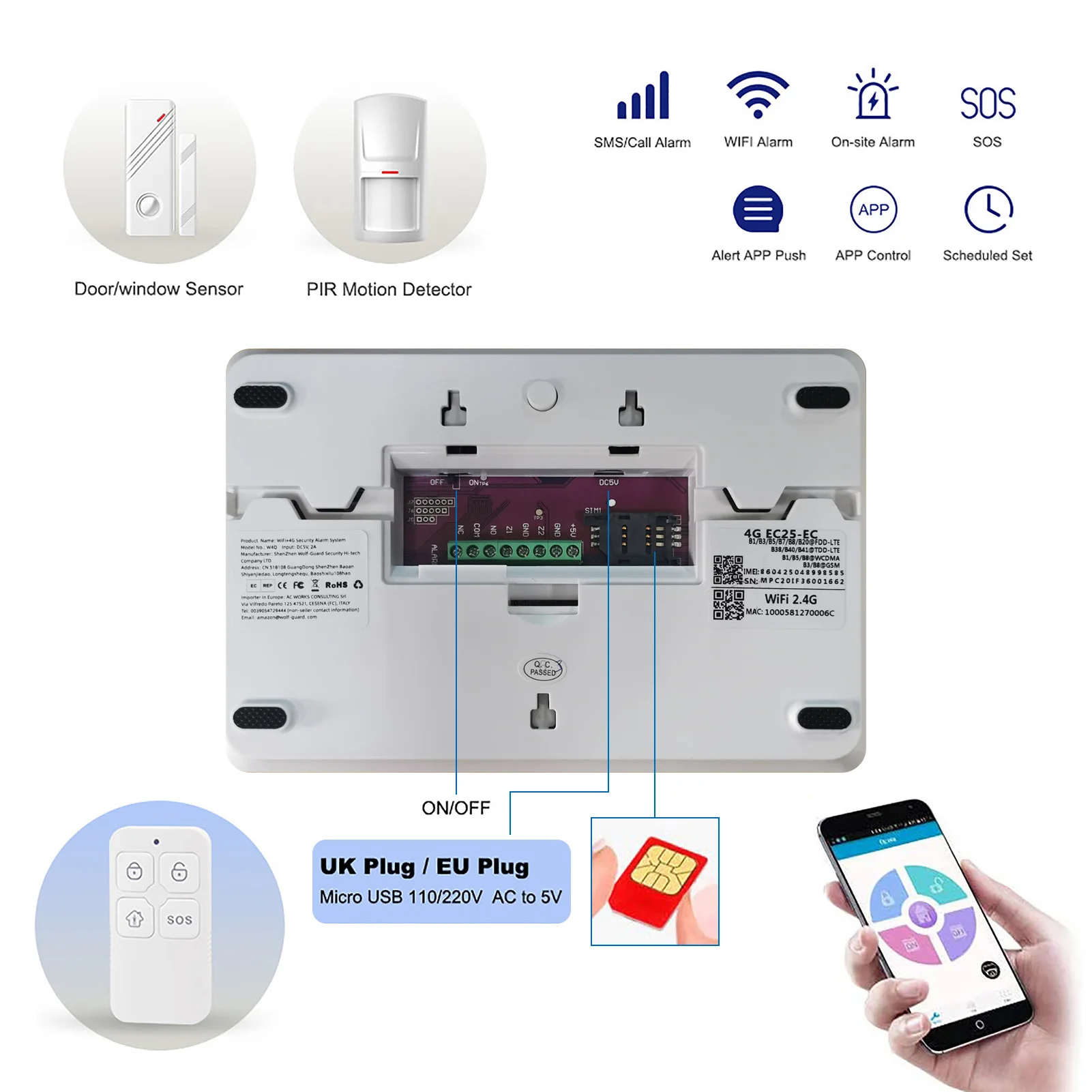 Wolf Guard W4Q WiFi + Kit de sistema de alarma antirrobo inalámbrico para el hogar 4G. Aplicación Tuya Smartlife Amazon Alexa, con sensor de puerta