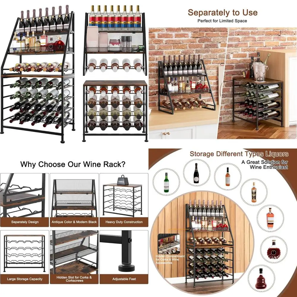 

Модульная винная полка на 40 бутылок — высокая напольная стойка, черная/античная, со скрытым пробковым держателем для домашнего бара