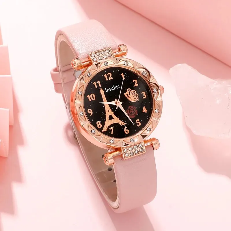 Fashion Women Watches Round Flower Watch Exquisite PU Leather Strap Quartz Wrist Watch Simple Casual Dress Bracelet Clock Gift