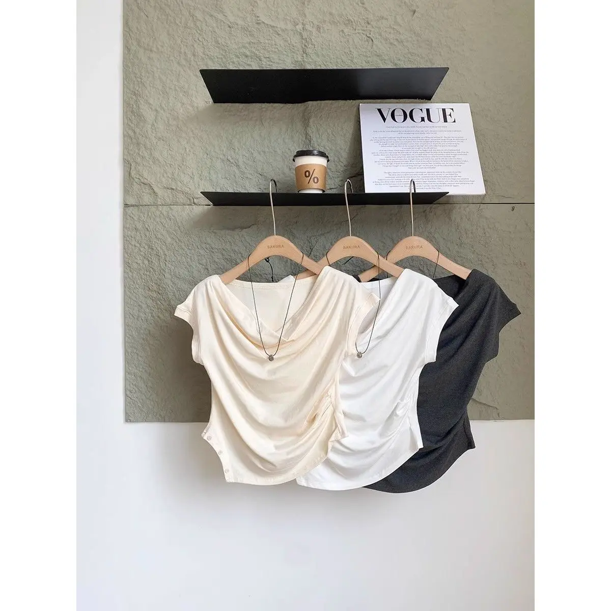 Slim Fit Modal T-Shirt Women's Korean Style Short Sleeve Drawstring Waist Design Breathable Sweat Absorbent round Neck Top