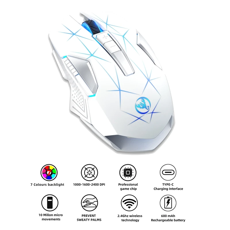 HXSJ T300 Wireless 2.4G Mouse 2400 DPI Optical Mouse RGB Backlight Mute Gaming Mouse White