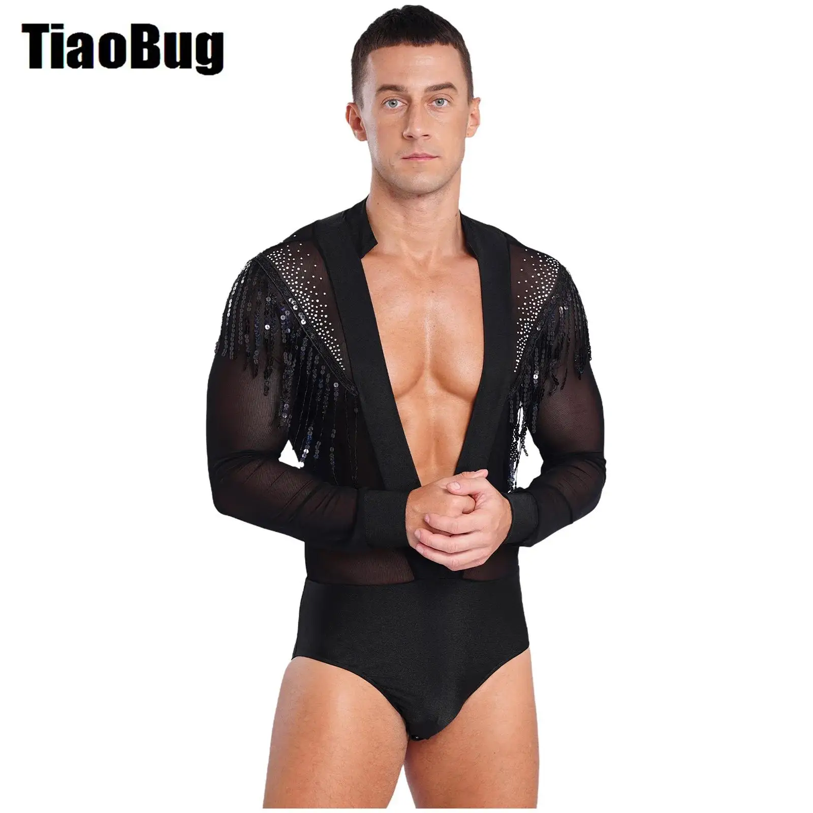 Mens Sequined Tassels Latin Leotard Deep V-neck Sheer Mesh Rhinestones Dance Bodysuit for Salsa Competition Stage Performance