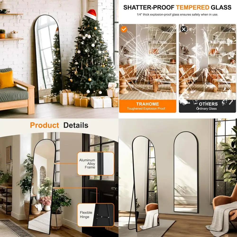 56-Zoll hoher gewölbter Wandspiegel mit Aluminiumrahmen für die Inneneinrichtung – Schwarz