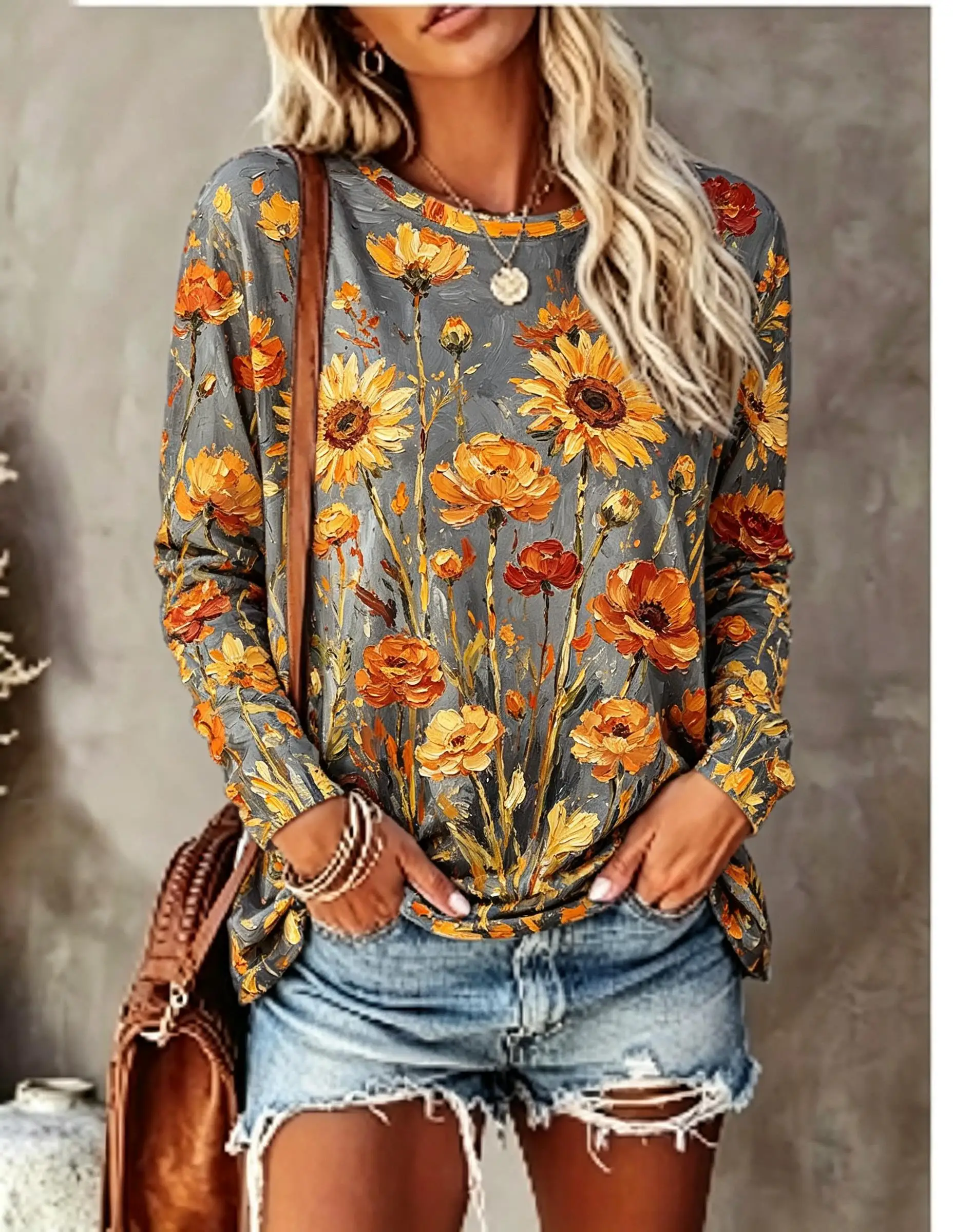 Women Long Sleeve T‑Shirt Oil  - đánh giá và giá Printed Floral Shirt