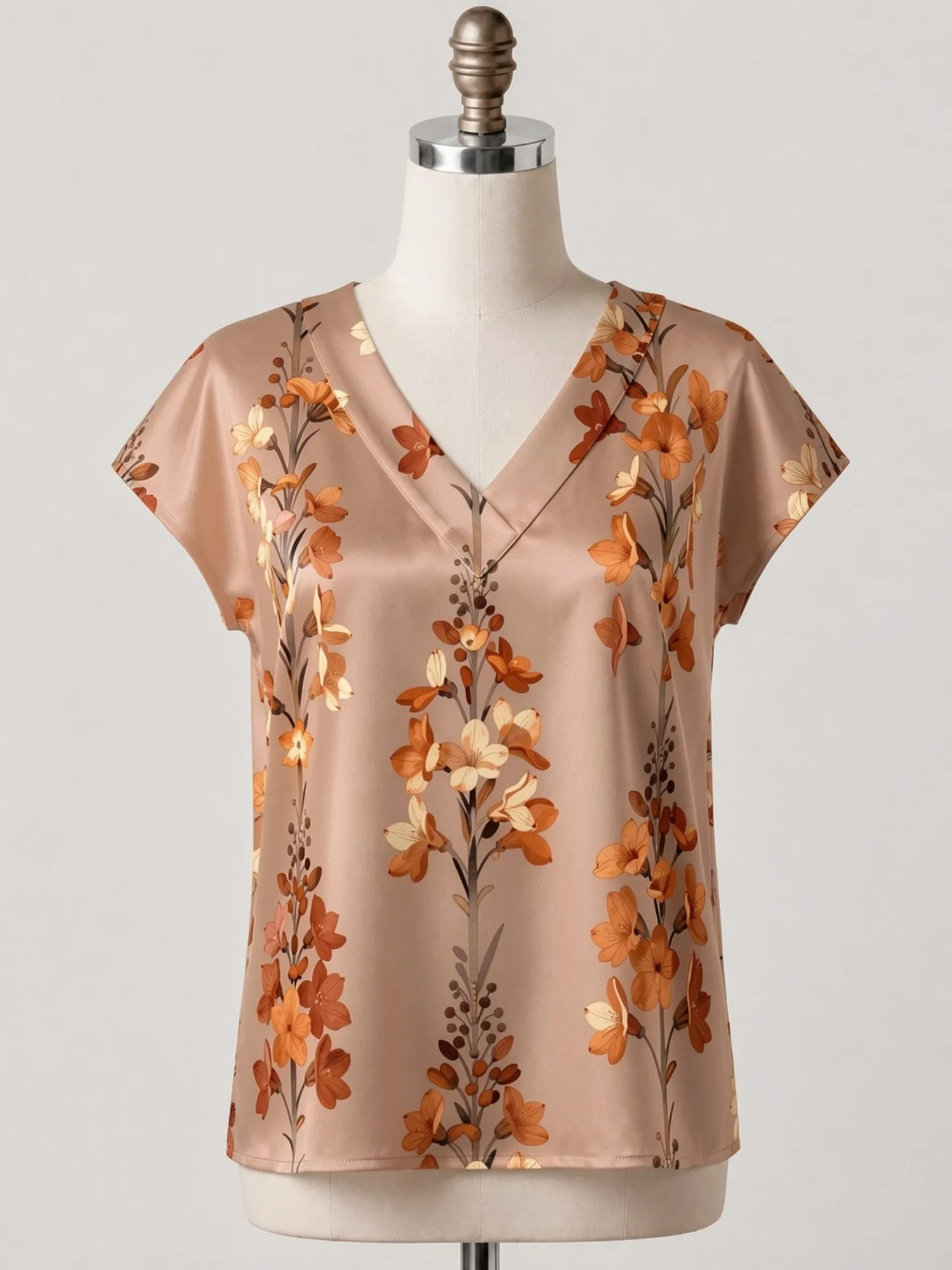 Floral Satin V Neck Top for Women Cap Sleeve Loose Draped Fit Silky Relaxed Beach Party Wear Lightweight Breathable Holiday Cafe
