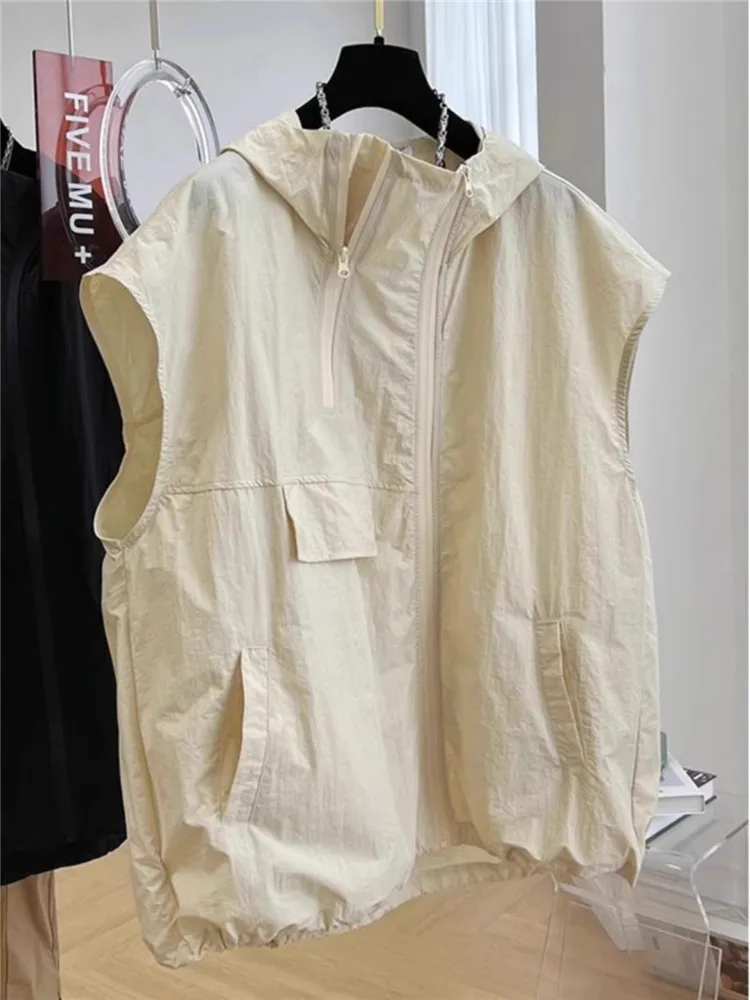 Oversized Women Sleeveless Hood Vest Summer Loose Zipper Waistcoat Jacket Vest Outerwear Women Drawstring Pockets Thin Coat