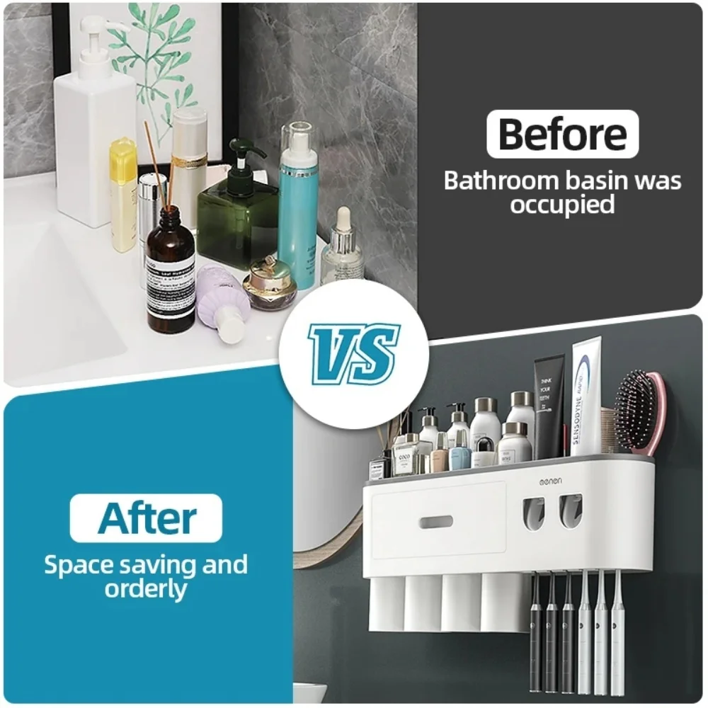 Bathroom Accessories Set Magnetic Adsorption Inverted Toothbrush Holder Automatic Toothpaste Dispenser Squeezer Storage Rack