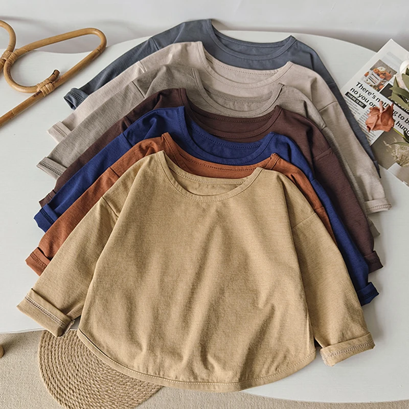 1pcs Boys Girls Basic Tee Long Sleeve T-shirts Solid Clolor Baby Top Kids Tshirt Korean Version Spring Autumn Student Tee Shirts