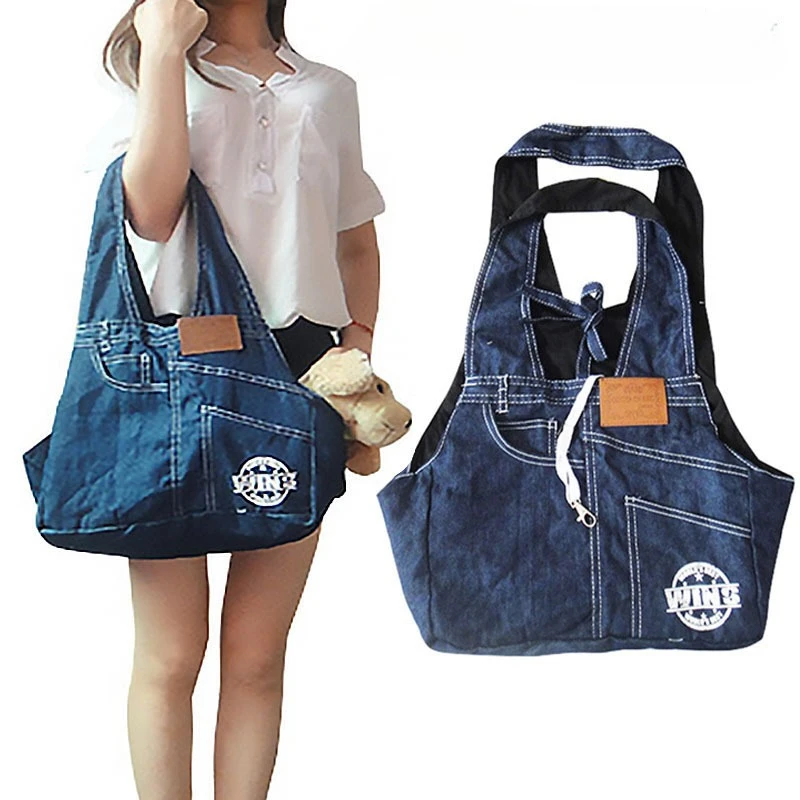 Denim Pet Carrier Bag Foldable Dog Cat Tote with Head Out Design Breathable Handheld Shoulder Sling for Small Pets Wholesale