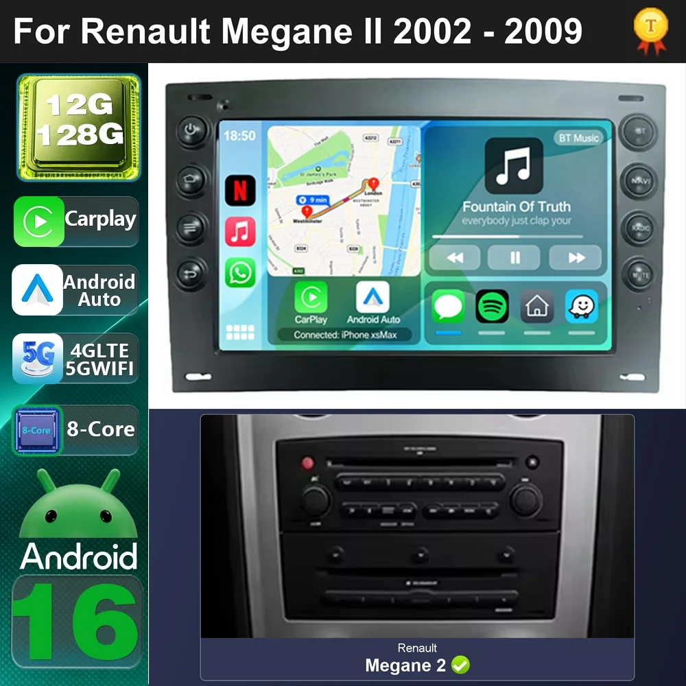 Car Radio Android 16 For Renault Megane II 2002-2009 carplay auto DSP BT 4G