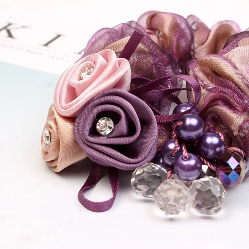 Fashion Silk Ribbon Rose Flower Hairband Imitation Crystal Rhinestones Scrunchies for Women Girls Ponytail Hair Accessories Gift