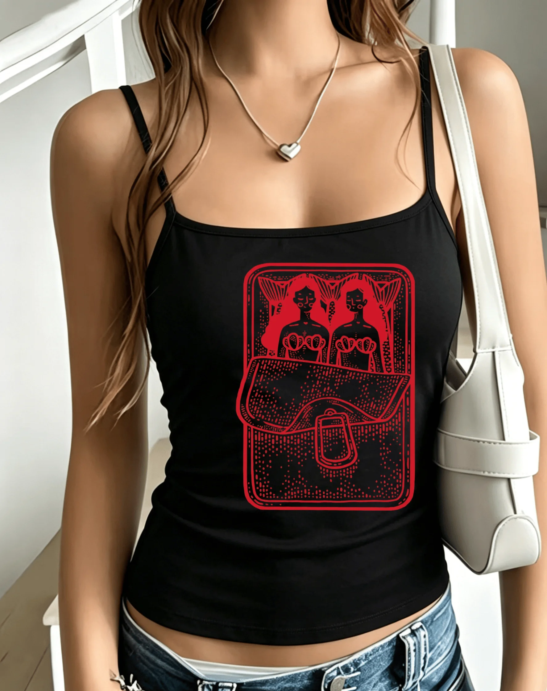 Vintage Red Line Twin Mermaid Rectangle Frame Graphic Women Spaghetti Strap Camisole Aesthetic Sleeveless Vacation Summer Top