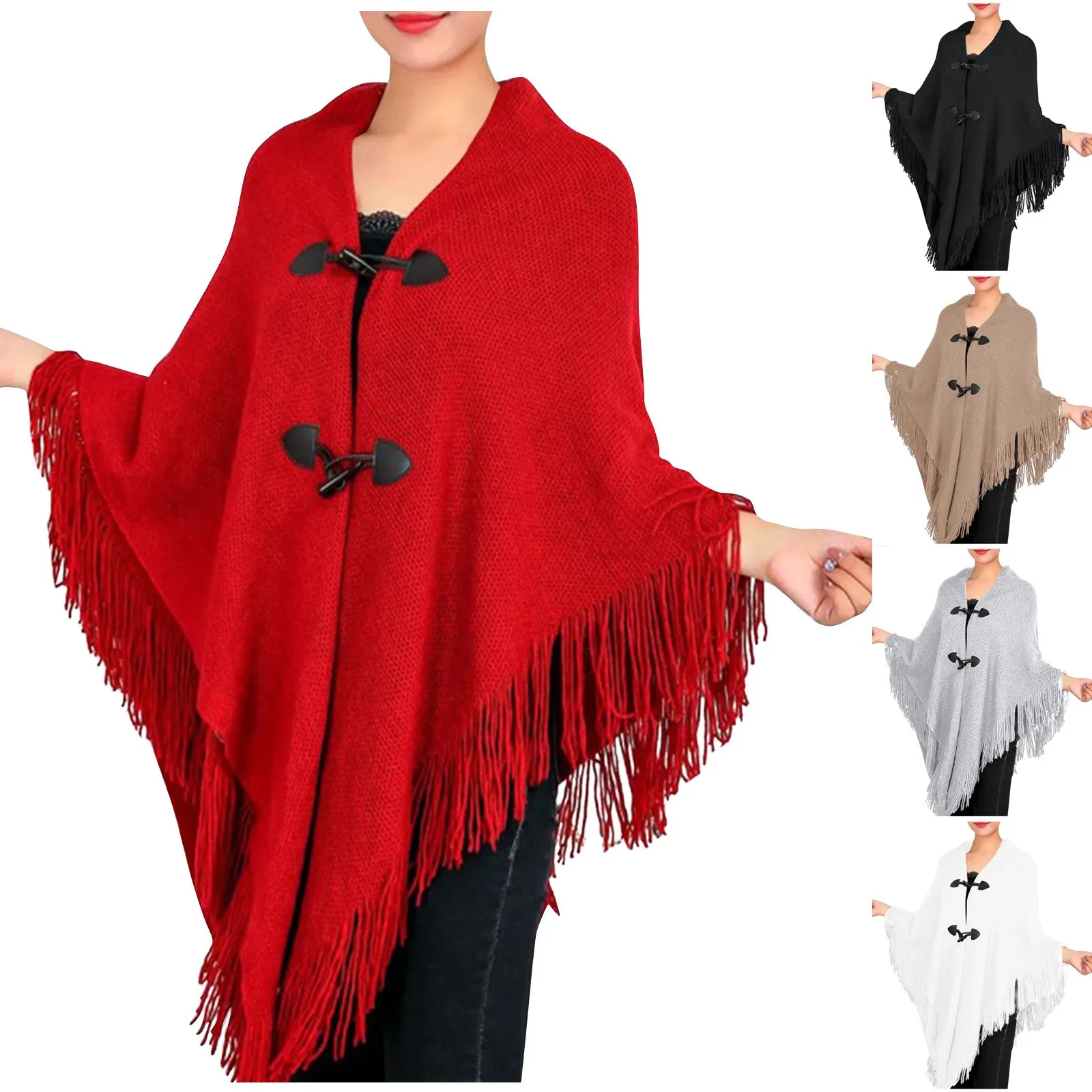 Women\'s Fashion Autumn/winter Thick Tassel Cape Horn Buckle Solid Color Cape Coat