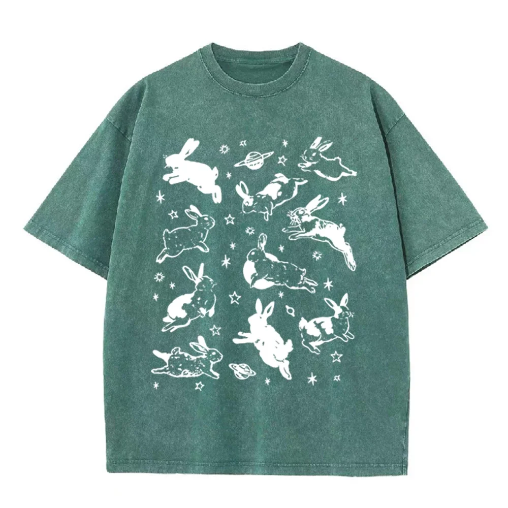 2026 Vintage Space Rabbit Planet Star Graphic Black Acid Washed T Shirt Celestial Bunny Retro Line Art Oversized Unisex Casual S