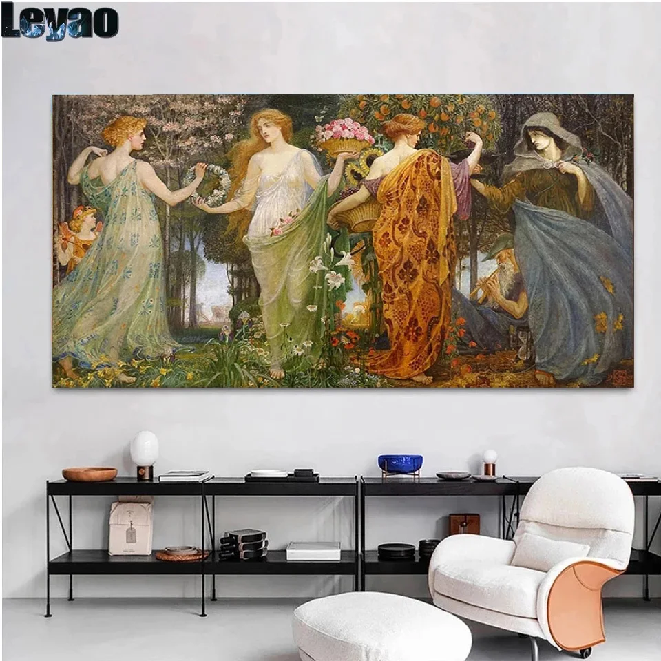 Large DIY Diamond Painting Alphonse Mucha Cross Stitch Kits Europe Women 4 Seasons Landscape Rhinestones Picture Decor Home