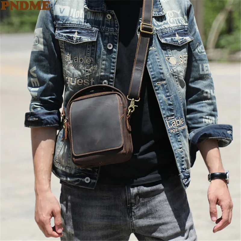 Vintage natural crazy horse cowhide men small messenger bag casual simple weekend daily genuine leather youth work shoulder bag