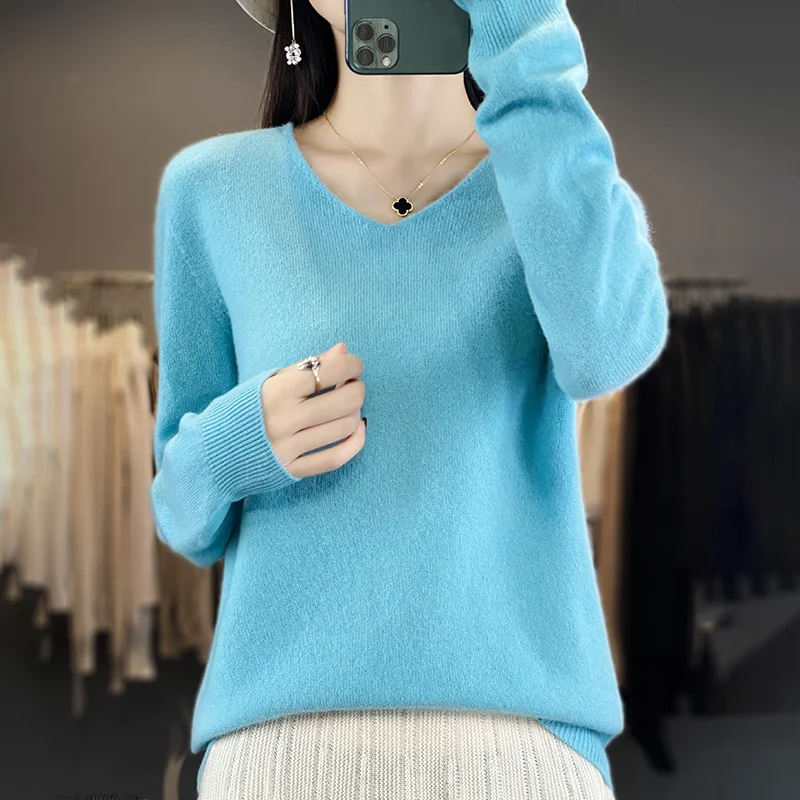 New 100% merino sweater in autumn and winter V-neck long-sleeved solid color basic loose solid color long-sleeved sweater