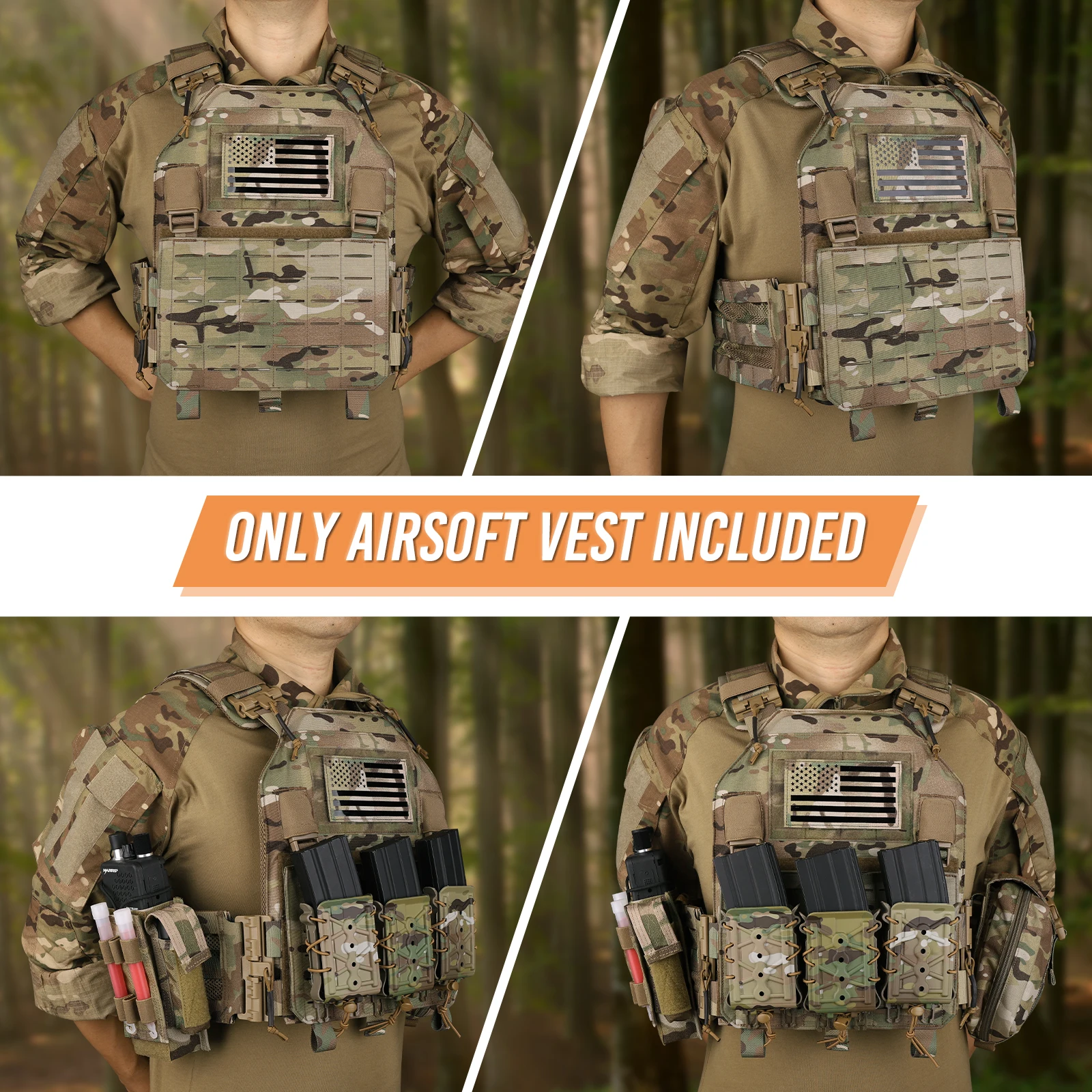 KRYDEX Tactical Vest Molle Laser Cut Front Panel Flap Plate Carrier Quick Release Tube Cummerbund Shoulder Hunting Gear Camo MC