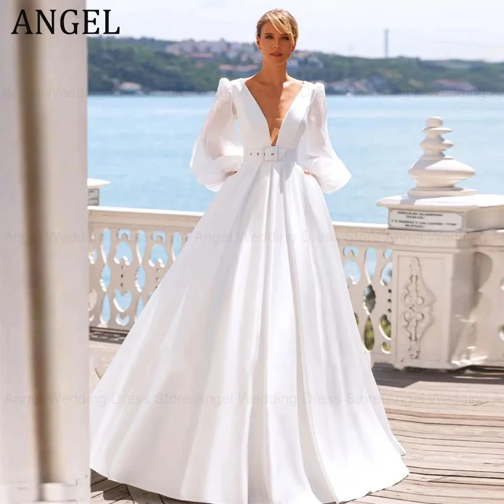 

ANGEL Simple Puffy Long Sleeves Satin Wedding Dresses for Women Beach V-Neck Leather Belt A-Line Pleats Backless Bridal Gown