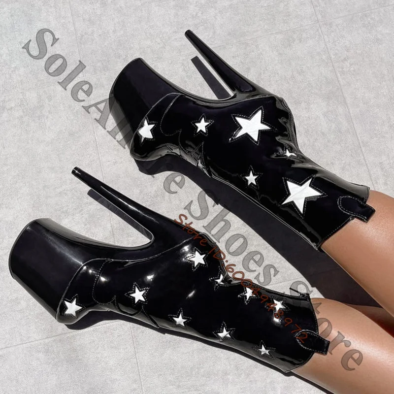 White Star Patch Gloss Patent Platform Stiletto Ankle Boots Mirror Metallic Thick Sole Rear Zip Mid Calf Booties Stage Boots