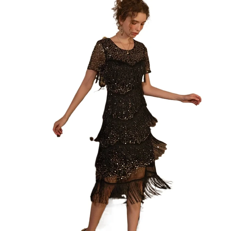 

New 1920S Flapper Embroidered Beaded Sequin V-neck Dinner Gatsby Cocktail Party Cosplay Sexy Nightclub Sequin Tassel Dance Dress