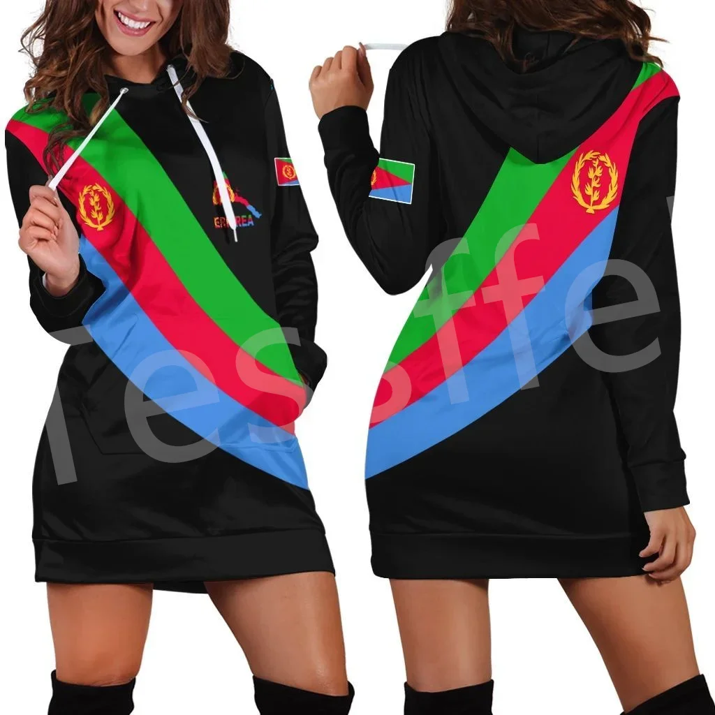 Tessffel Africa Eritrea County Flag Native Tribe Lion Retro 3DPrint Harajuku Long Sleeves Casual Funny Women Hoodie Dress A1