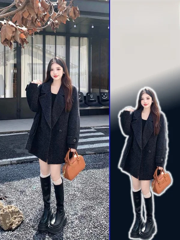 

plus Size Women's Korean Sle Double Breasted Woolen Coat Warmth Spring Autumn Versatile Gentle Wind Large Coat