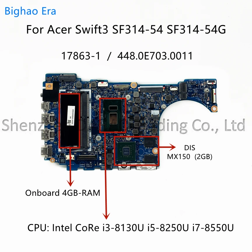 

448.0E703.0011 17863-1 For Acer SF314-54 SF314-54G Laptop Motherboard With Intel i3 i5-8250U i7 CPU 4GB-RAM MX150 2GB Video Card