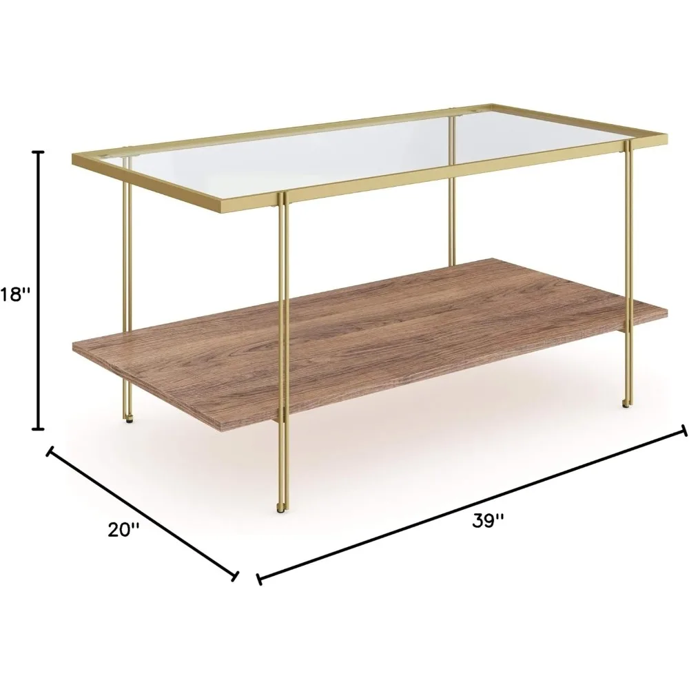 Asher Mid-Century Rectangle Coffee Table Glass Top and Rustic Oak Storage Shelf with Sleek Brass Metal Legs, Gold