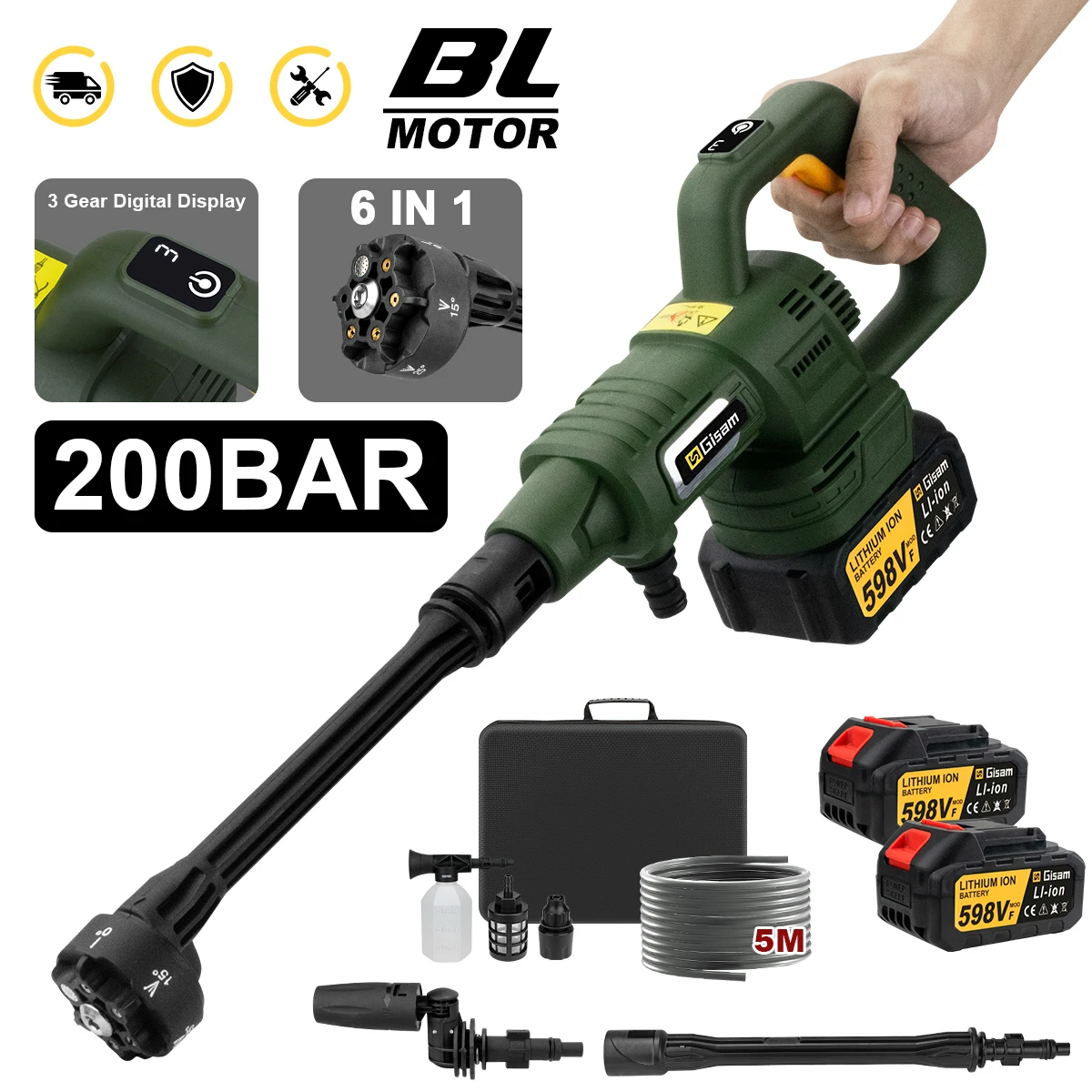 Makita – pistolet à eau électrique haute pression 6 en 1, sans balais, 200 bars, pour lavage de voiture, nettoyage de jardin, pistolet de pulvérisation pour batterie 18V
