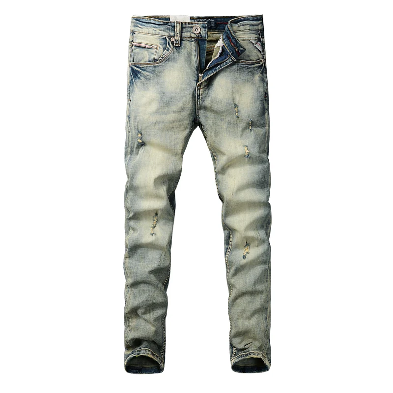 Italian Style Fashion Men Jeans Retro Yellow Blue Stretch Slim Ripped Jeans Men Elastic Trousers Vintage Designer Pants Hombre