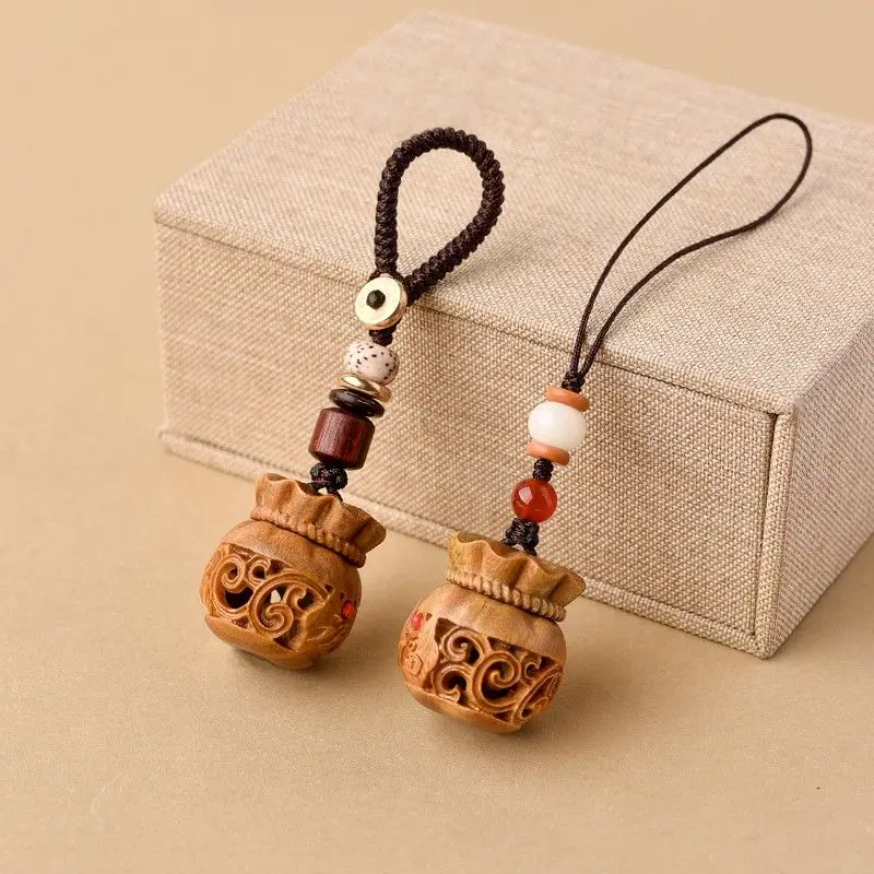 Green Sandalwood Carved Hollow Purse Incense Pill Box Sachet Mobile Phone Chain Bag Pendant Keychain Men's and Women's Carry-on