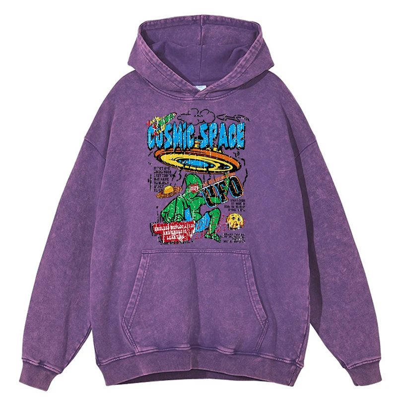 Retro Distressed Wash Cosmic Space UFO Aliens Männer Hoodie 100% Baumwolle Herbst Hoody Hip Hop lässig Kapuze übergroße Sweatshirt