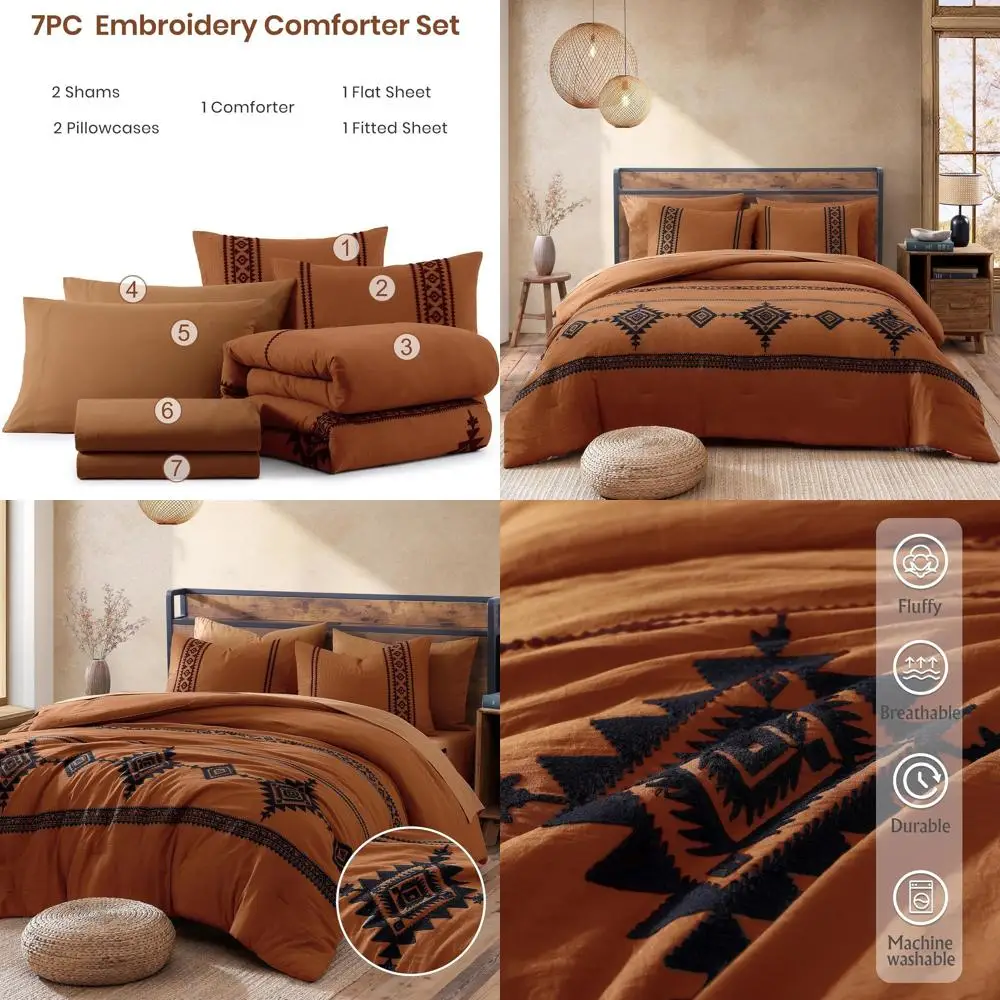 

Всесезонный комплект постельного белья в стиле бохо-фермерский вестерн с простынями, наволочками и декоративными наволочками, цвет оранжевый бургунди, размер Queen, 7 предметов