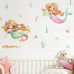 Cartoon Lovely Mermaid Princess Ocean Watercolor Nursery Wall Stickers for Kids Room Girls Room Decor Wall Decals Mural