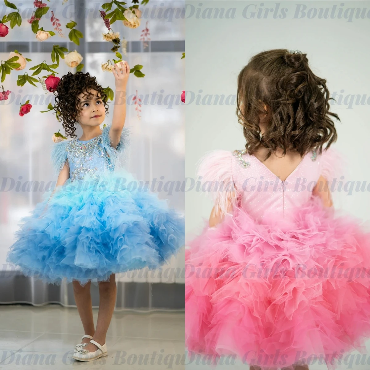 

Lovely Little Girls Flower Girl Dress Pink OR Blue Tulle Fluffy Layered for Birthday Beauty Pageant Banquet Party Evening Gowns